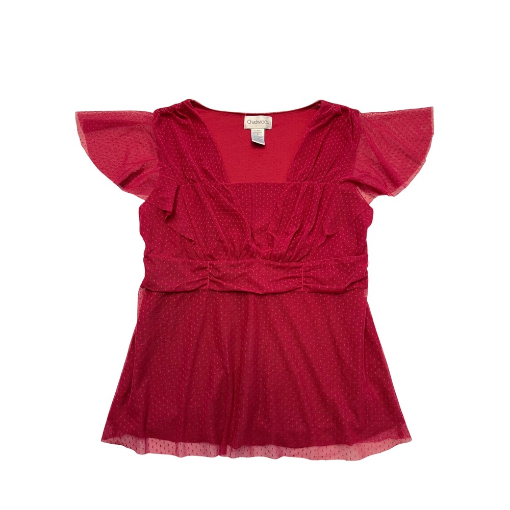 Chadwicks Raspberry Swiss Dot Mesh Flutter Sleeve Empire Waist Y2K Top Size L